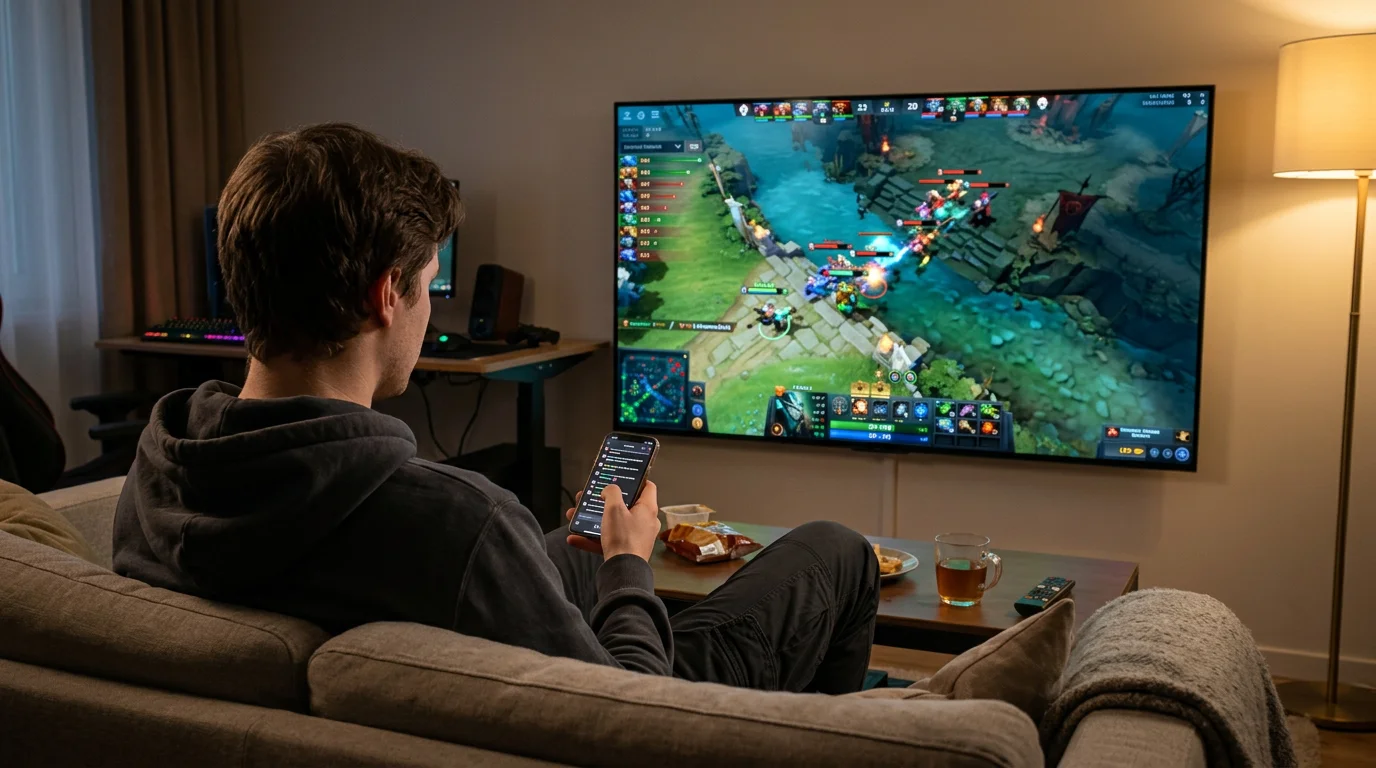 Pantalla dividida mostrando streaming de partida de Dota 2 con interfaz de apuestas en vivo