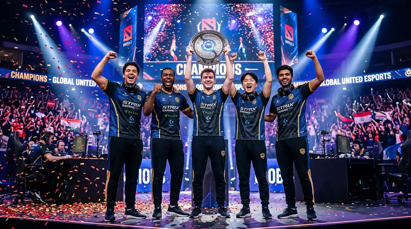 Equipo profesional de Dota 2 celebrando victoria en torneo de esports con trofeo