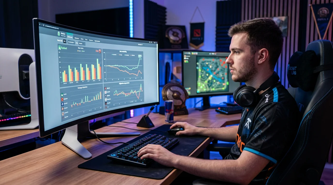 Jugador profesional de esports analizando estadísticas de Dota 2 en monitor